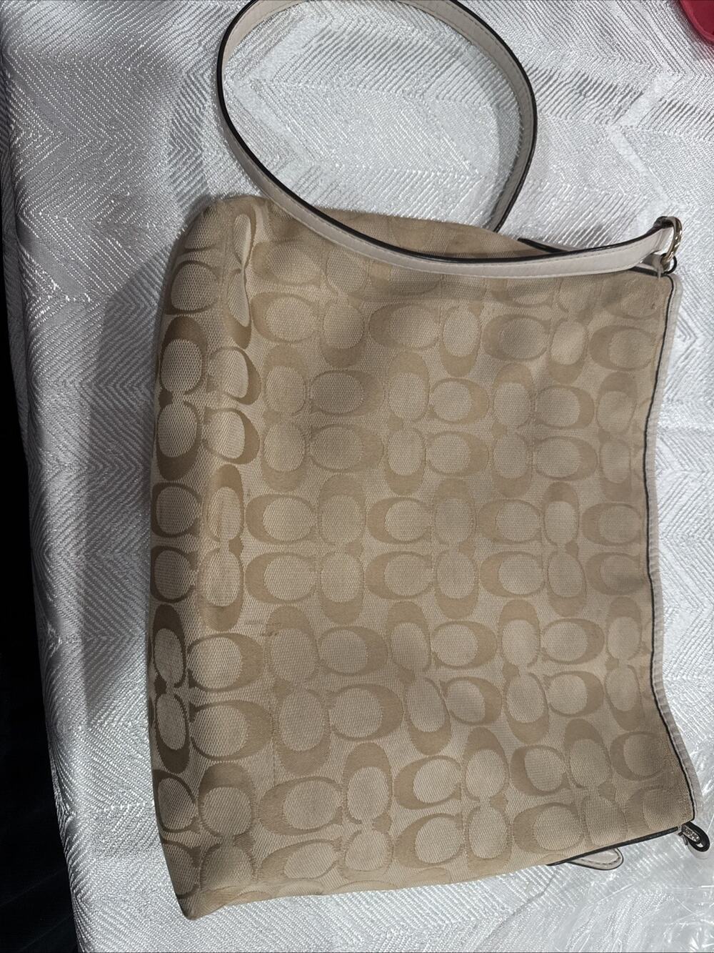 Coach Signature Jacquard Shoulder Bag — Khaki/Beige with Cream Leather Trim